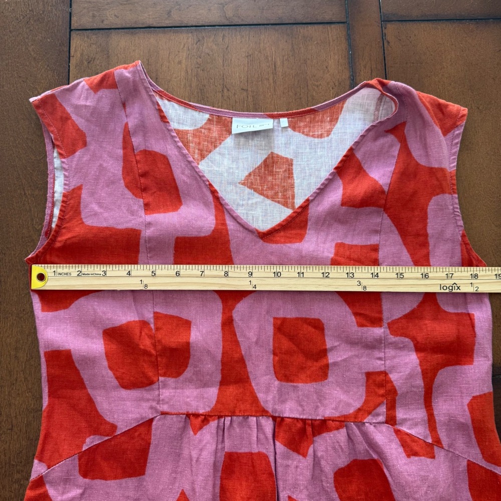 FOIL Pink Red Abstract Geometric 100% Linen V-Neck Sleeveless Midi Dress Size 4 - Picture 6 of 7